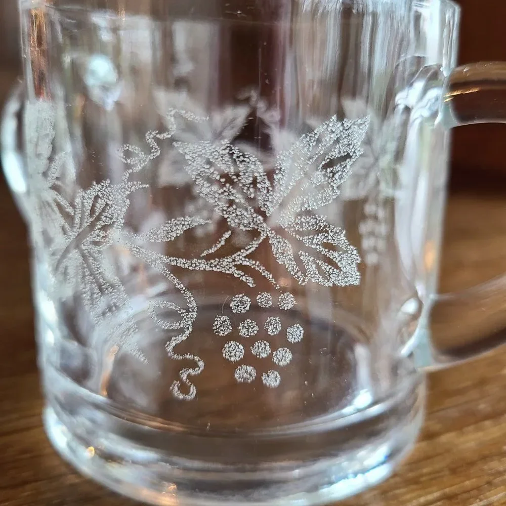 Vintage 50s Clear Glass Sugar Bowl Acid Etched With Grapes, Vine And Leaf Design